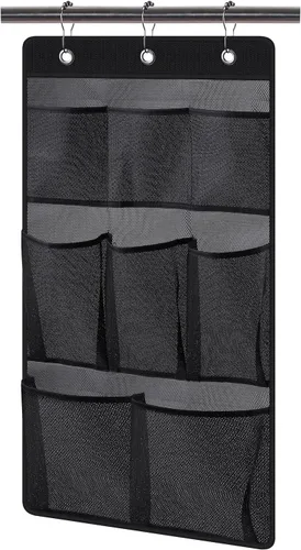 KIMBORA Organizador de ducha de malla para colgar en el baño, con 2 bolsillos grandes, 3 anillos, barra de cortina colgante para dormitorio, Negro