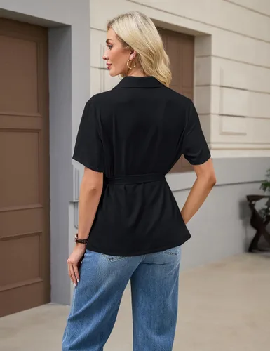 Miniatura 3 de Blooming Jelly Camisa con botones para mujer, cuello con lazo, manga corta, casual, para negocios, blusa de trabajo a la moda de verano