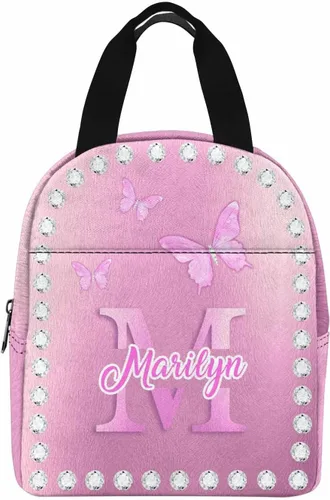 Miniatura 30 de InterestPrint Bolsa de almuerzo con nombre personalizado para hombres y mujeres, diseño de mariposa rosa y azul personalizada, caja de almuerzo