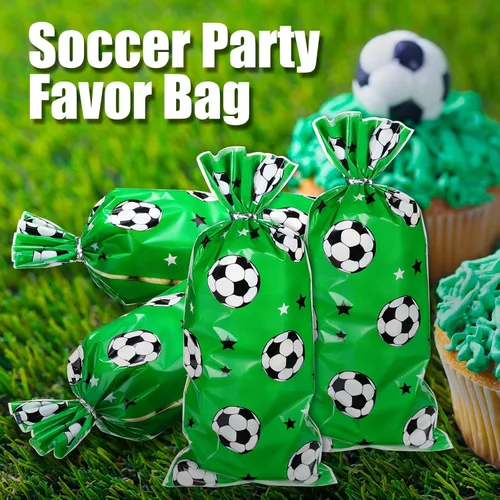 Miniatura 6 de Blulu 100 bolsas de regalo de fútbol, celofán de fútbol, bolsas de golosinas de celofán sellables con calor, bolsas de dulces de fútbol con 100 Verde