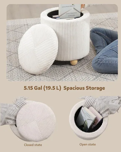 Miniatura 4 de Adeco Otomana redonda de almacenamiento, taburete tapizado para maquillaje, taburete de terciopelo para dormitorio, dormitorio