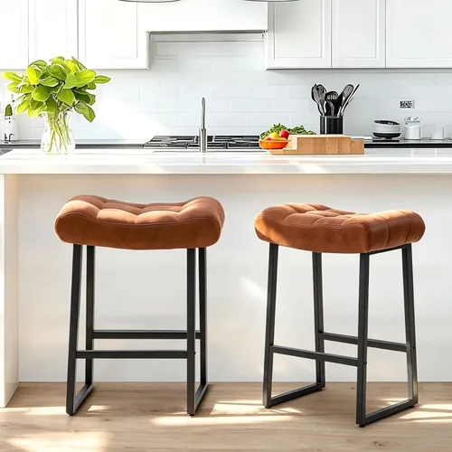 Miniatura 17 de RNKSFX Taburete de bar moderno negro para encimera de cocina sin respaldo de altura de mostrador con asiento tapizado de piel sintética y marco