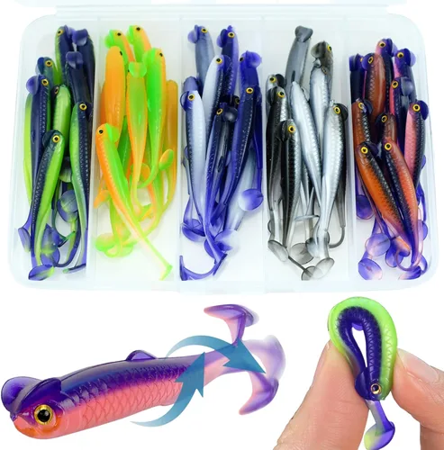 Miniatura 12 de Cebos de natación de cola de paleta, señuelos de pesca de plástico suave, cebos de natación para pesca de lubina, 30/50 piezas con caja, cebos de E