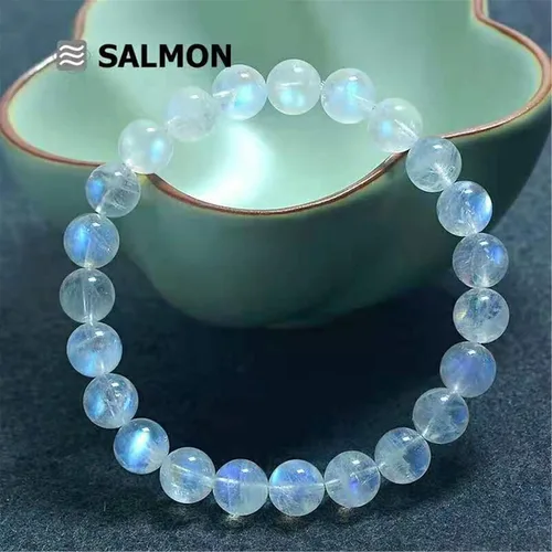 Miniatura 2 de Pulsera de mujer con cuentas redondas de cristal elástico y piedra lunar azul natural, 0.236in, AAAA