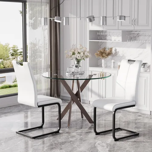 Miniatura 30 de Juego de mesa de comedor redonda moderna de vidrio de 36 pulgadas para 2, mesa de comedor de vidrio con patas cruzadas de metal, mesa de cocina