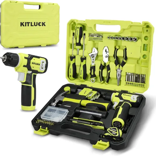 KITLUCK Juego de herramientas eléctricas, kit de 180 piezas para el hogar con taladro de 8V, kit de caja de herramientas portátil con