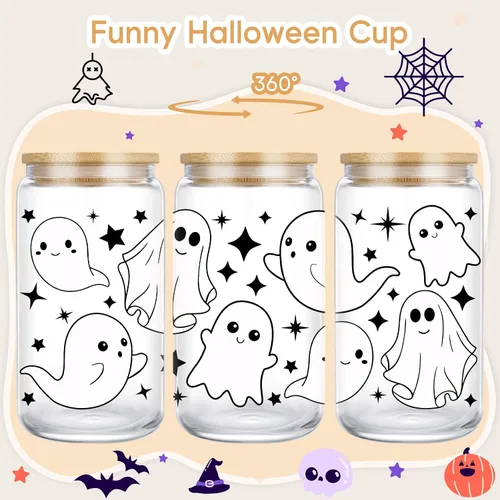 Miniatura 2 de Coolife Taza fantasma de Halloween, vaso de vidrio de 16 onzas con tapas y pajitas, taza de café helado espeluznante para batidos, bonitos regalos