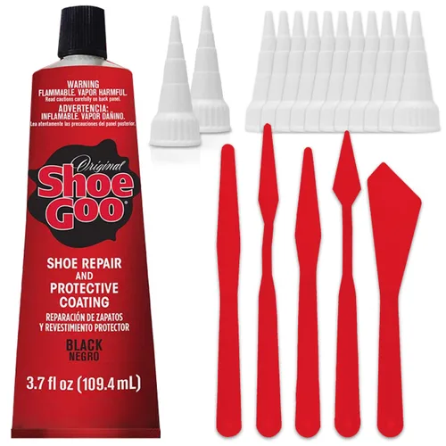 Adhesivo de reparación Black Shoe Goo para fijar zapatos o botas desgastados, negro, 3.7 onzas (3.7 fl oz), 4 puntas aplicadoras de punta de corte y