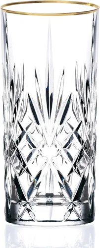 Lorren Home Trends Siena Collection Copa de cristal para agua, bebida o té helado con diseño de banda dorada, juego de 4, 12 onzas High Ball