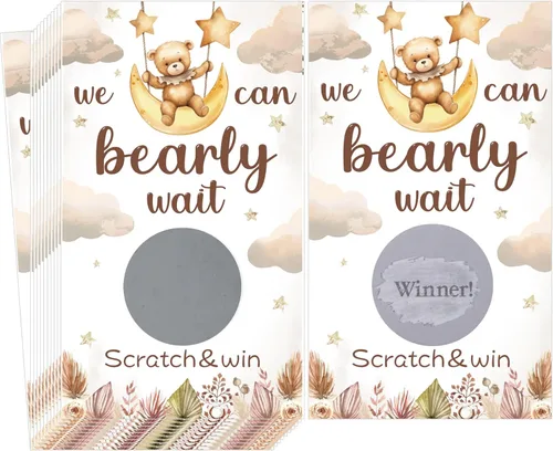 Paquete de 60 tarjetas para baby shower con oso para rascar "We Can Bearly Wait", tarjetas con temática de oso para rascar para fiesta de baby