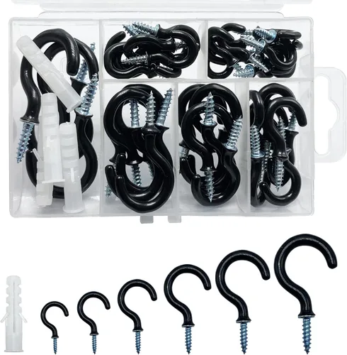 Miniatura 8 de Kit Surtido de Ganchos Pequeños Negros Atornillables con Tacos, 1/2", 5/8", 3/4", 7/8", 1", 1-1/4" Ganchos de Copa con Recubrimiento de Vinilo