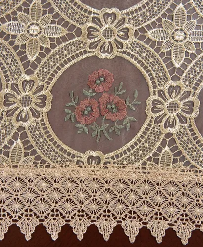 Miniatura 4 de Mantel vintage personalizado beige bordado de lino con patrón de encaje floral, gasa translúcida, redondo, 54 pulgadas de largo