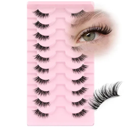 Ahrikiss Mitad pestañas de aspecto natural, 10 pares de pestañas postizas 3D esponjosas con banda transparente, medias pestañas cortas suaves (TB10)