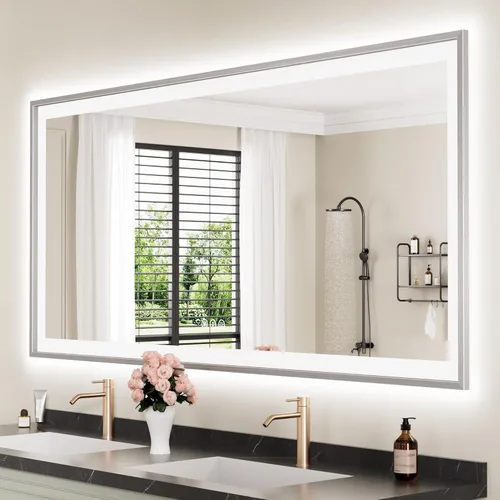 Miniatura 58 de Espejo de baño LED de 60x36 pulgadas con marco negro, espejos de baño retroiluminados y con luz frontal para pared, antiempañamiento, regulable