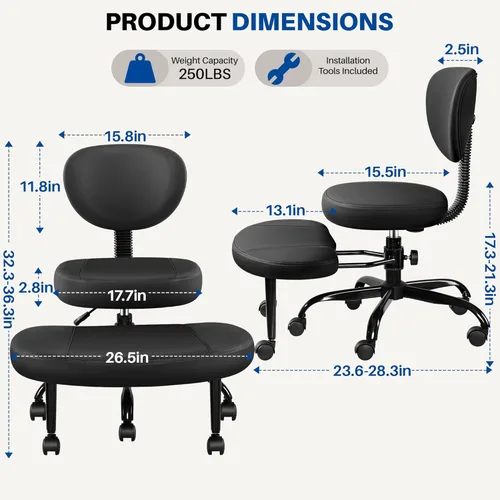 Miniatura 2 de Silla de oficina con patas cruzadas con ruedas, silla ergonómica arrodillada con soporte lumbar y altura ajustable para meditación, escritorio