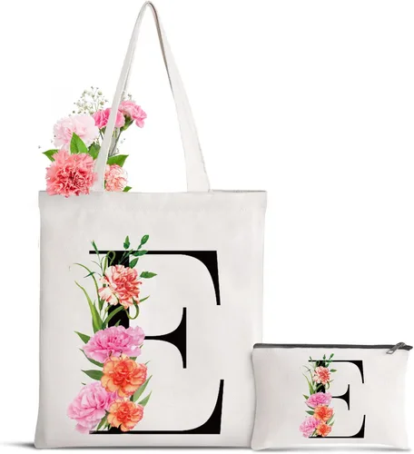 Bolsa de lona con letra inicial personalizada, regalo para el día de la madre, damas de honor, novia, cumpleaños, boda Flower-E