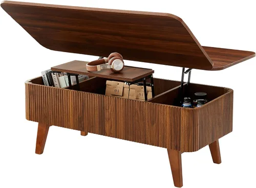 Miniatura 9 de Mesa de centro elevable 3 en 1, mesas de centro convertibles acanaladas que se convierten en mesas de comedor, moderna mesa central de madera Nuez 3