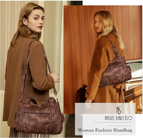 Miniatura 241 de Angel Barcelo - Bolsa de hombro amplia para mujer, diseño Hobo, cuero lavado