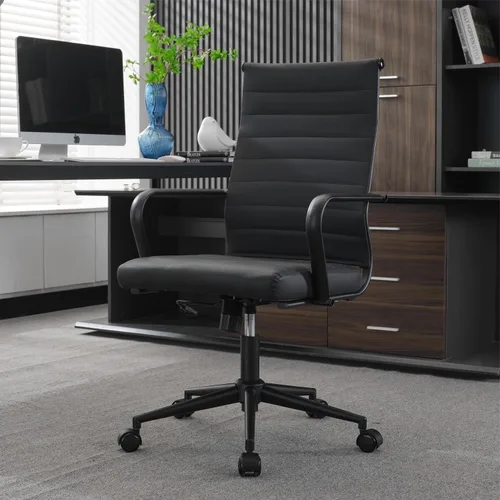 Miniatura 10 de Okeysen Sillas de sala de conferencias negras, silla ergonómica moderna de escritorio de piel sintética acanalada para oficina, silla giratoria