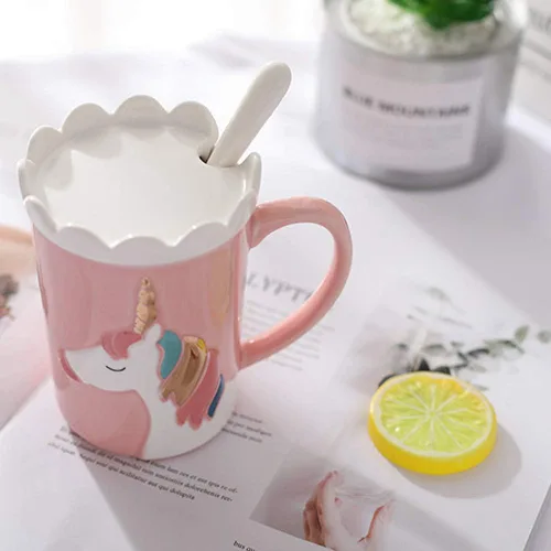 Miniatura 3 de Taza de unicornio BigNoseDeer, linda taza de café de cerámica con tapa y cuchara, lindas tazas para café, té, leche, lindas cosas Regalos