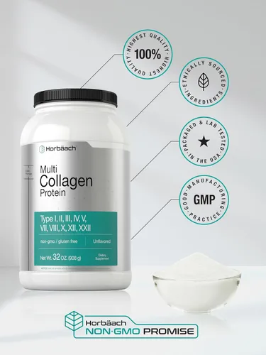 Miniatura 6 de Horbaach Multi Collagen Protein Powder 32 oz Tipos I, II, III, IV, V, VII, VIII, X, XII y XXII Péptidos de colágeno alimentados con pasto Apto