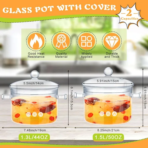 Miniatura 2 de Zubebe Juego de 2 ollas de vidrio para cocinar en la estufa, cacerola de vidrio con tapa, resistente al calor, ollas y sartenes transparentes