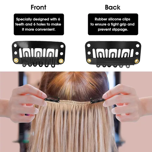 Miniatura 4 de Yolev 50 pinzas para pelucas, pinzas de extensión de cabello, 6 dientes en forma de U, clips de extensión de cabello de silicona metálica para mujer