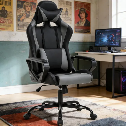 Miniatura 13 de Silla ergonómica para videojuegos, silla de oficina de piel sintética con respaldo alto y soporte lumbar ajustable y reposacabezas - Silla giratoria