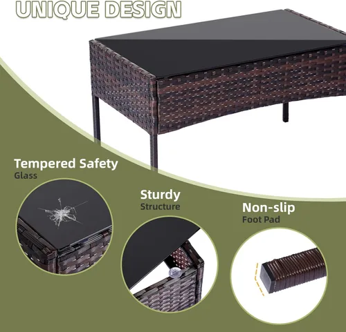 Miniatura 5 de Juego de muebles de patio de 4 piezas, muebles de ratán para exteriores con mesa de centro de vidrio templado, sillas modernas de ratán para patio