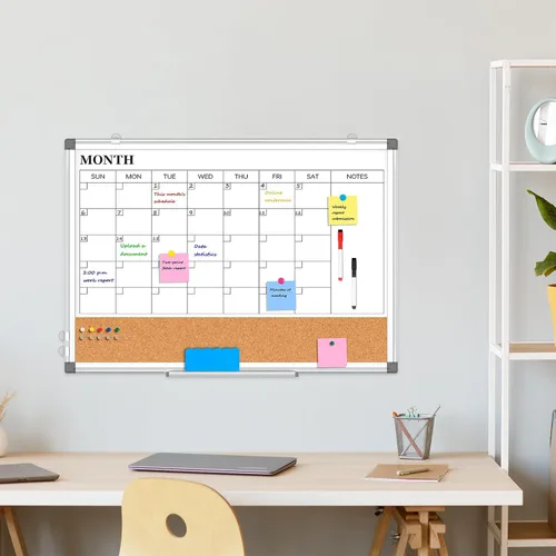 Miniatura 6 de Pizarra Blanca de Calendario Mensual de Borrado en Seco Combinada con Tablero de Corcho para Pared, 24" x 18" Calendario de Pizarra Blanca de Doble