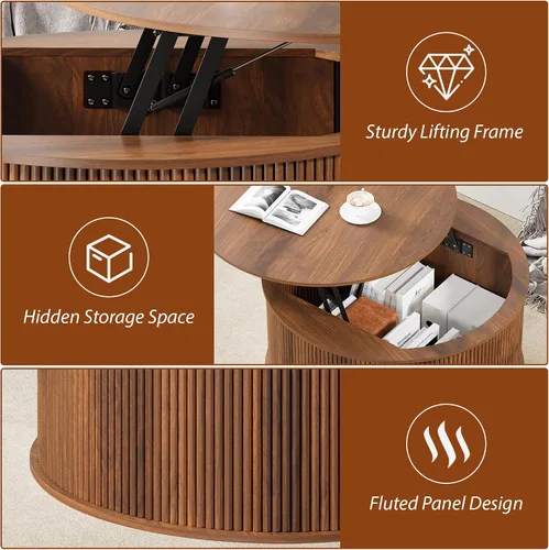 Miniatura 7 de Mesa de Centro con Tapa Elevable, Mesa de Centro Redonda Acanalada con Almacenamiento, Mesa de Comedor Central Estilo Granja Mesa Circular para Sala