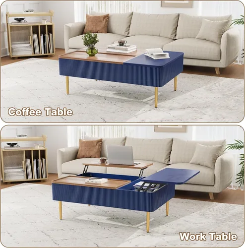 Miniatura 4 de HLR Mesa auxiliar de doble elevación de 47 pulgadas con almacenamiento, moderna mesa de centro de madera acanalada con compartimento oculto, mesa