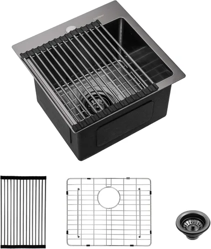 Miniatura 22 de Lordear - Fregadero de barra – Fregadero de barra dorado de 13 x 15 pulgadas con grifo dispensador de jabón, estación de trabajo, calibre 16 T304