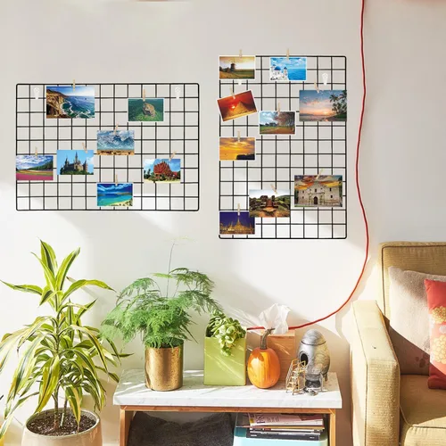 Miniatura 4 de Paquete de 2 paneles grandes de rejilla de pared con luz y clips, tablero de exhibición de fotos, tablero de collage para marcos de fotos, panel