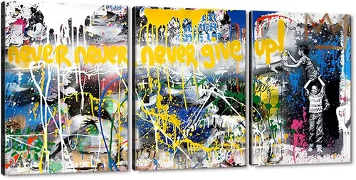 Miniatura 62 de 3 Piezas de Arte de Pared Banksy en Lienzo, Póster de Graffiti, Decoración de Pared con Citas Inspiradoras, Nunca Te Rindas, Obras de Arte para Sala