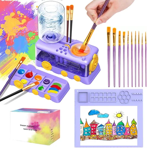 Miniatura 7 de Kit de limpieza de pinceles para niños con 5 pinceles, bata de arte, tapete lavable, guía, tarro limpiador de pinceles en espiral para acuarela