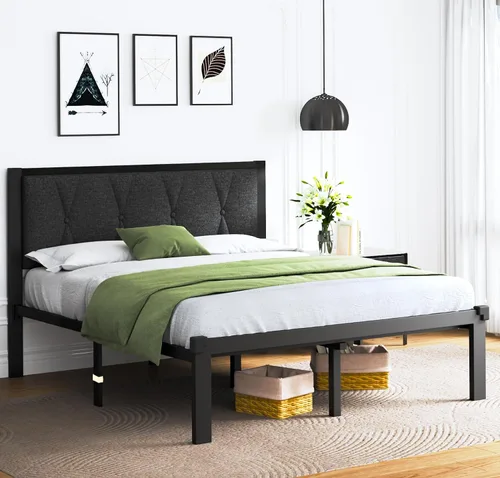 Miniatura 9 de Feonase Base de cama de metal de tamaño completo con cabecera capitoné con botones de tela, base de cama de plataforma con listones de metal