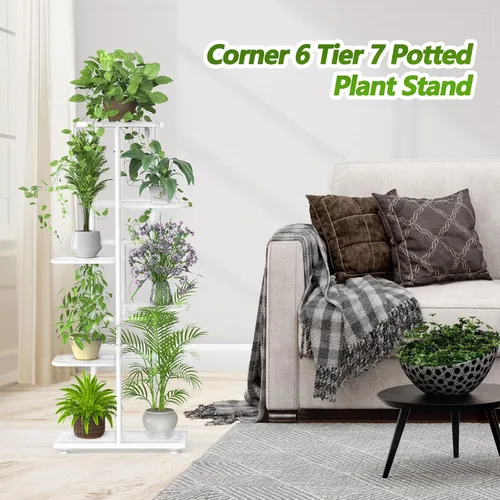 Miniatura 3 de Soporte para plantas de 6 niveles y 7 macetas para interiores con herramientas y guantes de jardinería, organizador de estantes de metal esquineros
