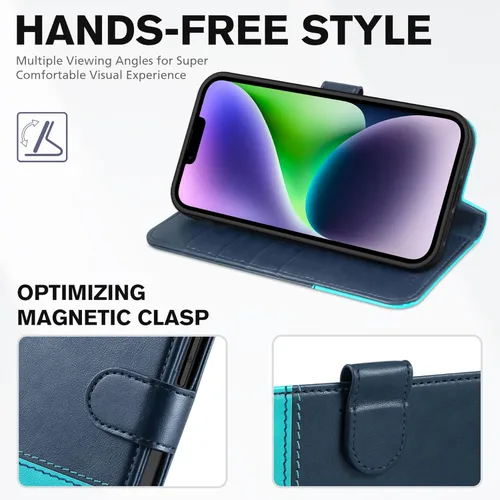 Miniatura 4 de TUCCH Funda tipo billetera para iPhone 14, [Bloqueo RFID] [4 ranuras para tarjetas] Funda protectora interior de TPU, funda abatible magnética