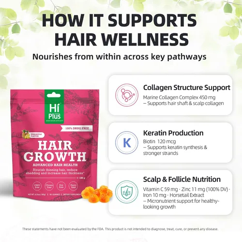 Miniatura 3 de Gomitas para el crecimiento del cabello para hombres y mujeres, vitaminas para el crecimiento del cabello con biotina, colágeno, vitamina C, hierro