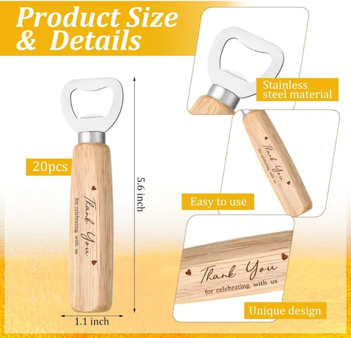 Miniatura 2 de Mifoci Abrebotellas de madera para boda, 20 unidades, abridor de botellas de vino de madera de acero inoxidable a granel, regalos grabados
