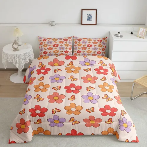 Miniatura 3 de Groovy - Juego de ropa de cama de flores tamaño individual, color morado y rosa, para niñas, bonito edredón de mariposa, color naranja y rojo
