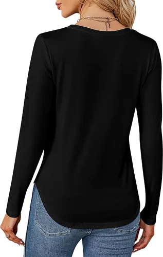 Miniatura 6 de Ficerd Paquete de 2 camisetas de manga larga para mujer, cuello en V, casuales, ajustadas, básicas, de color sólido, dobladillo curvado