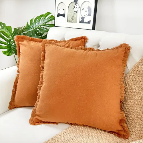 Miniatura 9 de Juego de 2 fundas de almohada decorativas marrones de 18 x 18 pulgadas, fundas de almohada modernas de granja con borlas de flecos, suaves