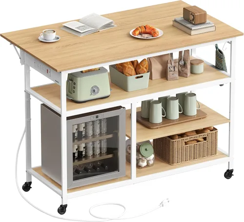 VASAGLE Isla de cocina con hoja abatible, carrito de cocina rodante de 47.2" de ancho con regleta de enchufes, superficie de trabajo extensible,