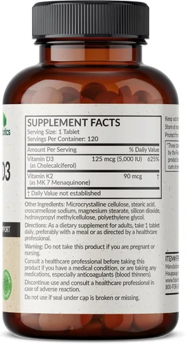 Miniatura 2 de Futurebiotics Vitamina K2 con D3, soporte 2 en 1, 5000 UI de vitamina D3 y 90 mcg de vitamina K2 MK-7 sin OMG, 120 tabletas