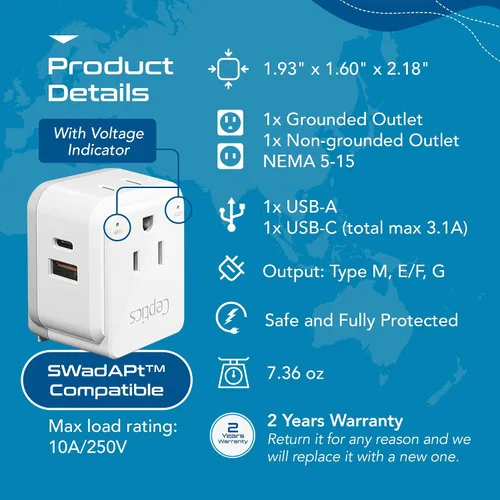 Miniatura 3 de Ceptics Conjunto de Viaje de Adaptador de Corriente de Sudáfrica - 20W PD y QC, Rápido y Seguro con USB Dual y USB-C - 2 Tomas de EE.UU. - Usar