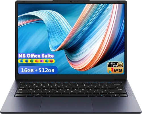 AE86 Laptop de 14.1" con pantalla 2K, 16 GB de RAM, SSD de 512 GB, procesador central, BT5.0 Wi-Fi 5, USB A, tipo C, HDMl, portátil ultrafino y