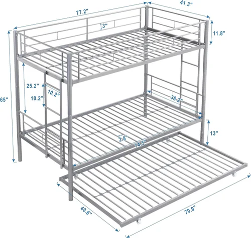 Miniatura 2 de Merax Litera de metal resistente de tamaño individual sobre individual con nido y escalera extraíble, se puede dividir en dos camas, no necesita