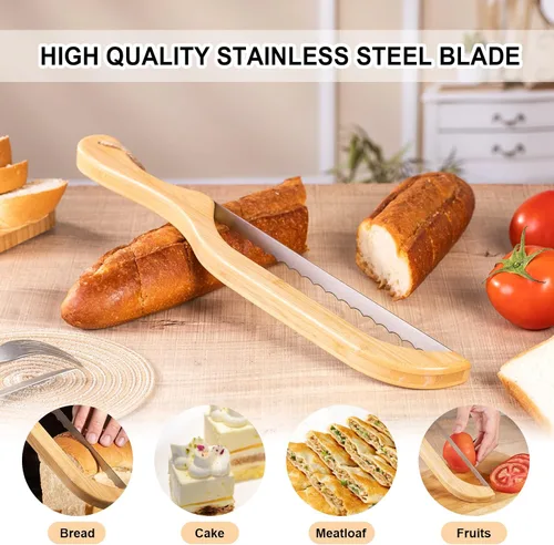 Miniatura 2 de Cortador de pan de arco premium, cuchillo de pan de masa madre con mango de bambú de 15.6 pulgadas, hoja dentada de acero inoxidable de grado